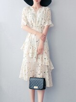 Floral dress dress 2021 summer chiffon hipster holiday fairy dress V collar lotus leaf sleeve knee long skirt