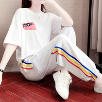 Summer Sports Suit Women Loose slim Casual T-shirt Short Sleeve New Summer 100 hitch Han version Fashion Two sets