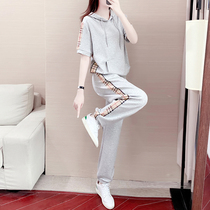 Casual sports suit womens thin short-sleeved loose age reduction thin 2021 summer new hooded trousers two-piece set