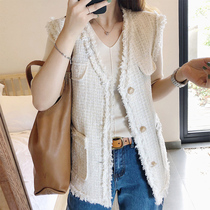 French small fragrant wind vest jacket women autumn and winter 2021 new foreign style Joker tweed sleeveless waistband shoulder horse clip tide