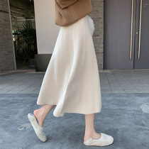 White elegant knitted skirt women autumn and winter high waist thin drape wool A- line dress