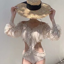 Swimsuit Korean ins net red fairy Fan lace one-piece conservative small chest long-sleeved belly thin hot spring bathing suit