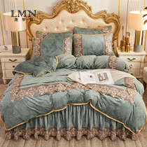 Bedding autumn and winter European ins embroidery plus velvet warm embossed crystal velvet bed skirt bedspread four-piece set