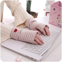 Korean version of cute glove riding half finger female winter sports dew finger student writing stripe knit double layer warm gloves