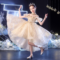 Girls dress Princess dress summer champagne color high-end piano performance childrens host stage performance dress puffy gauze