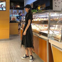 2021 summer new Korean version of Super fairy mesh dress women short sleeve high waist irregular skirt long skirt A- line dress