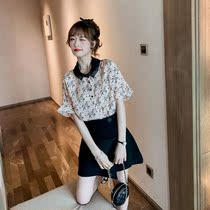 Fashion trend womens temperament 2020 Xingang flavor retro printed chiffon shirt loose versatile floral two-piece set