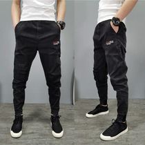 Summer new Korean version of the trend slim-fit thin ripped jeans mens simple drawstring pants spirit boy small feet pants