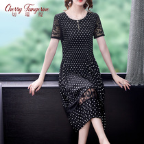 2021 summer new large size boutique womens high-end middle-aged mother hollow stitching mesh polka dot dress