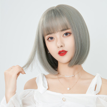Wig female short hair bobo grandma gray wave wave head round face net red hair cover full hood air bangs straight hair natural