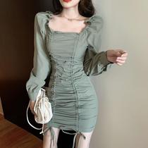 Temperament dress women's spring and autumn 2021 new Korean sexy pleated shoulder skirt slim slim skirt tide
