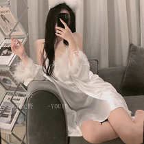 UY Yuano famous for feminity * net red feather Heavy work emulated silk high-end bathrobe silk slip harnesses sleeping skirts