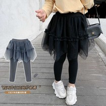 Girls skirt pants fake two spring and autumn Korean version of mesh skirt baby foreign style wear children's black leggings thin