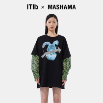 TIB × MASHAMA designer joint model Summer new printing chain stitching long sleeve niche T-shirt women