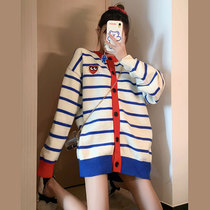 Spring and Autumn Dress Hong Kong Wind Contrast Striped Love Sweater Female Korean Loose Knitted Cardigan Jacket Age Age Spring and Autumn Wear