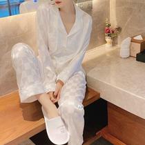 Pajamas female spring and autumn Ice Silk imitation silkworm wire mesh red long sleeve trousers Silk plus size lapel collar pajamas female home wear