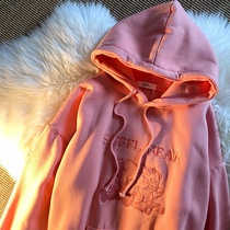 2021 New ins Tide brand bear plus velvet couple coat men and women Korean bf wind hooded pink sweater