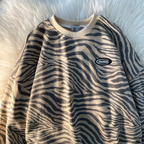 ins Tide brand fried street hip hop zebra print round neck sweater women tide loose oversize couple bf men and women