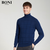 BONI bunny young and middle-aged wool sweater mens turtleneck blue plaid pure cardigan casual mens clothing