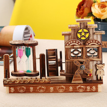 M1522 creative wooden clockwork windmill music box with rotating quicksand retro waterwheel music box student gift