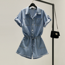 Korean ice silk thin section frock jumpsuit shorts womens summer high waist large size loose wide leg jeans jumpsuit tide