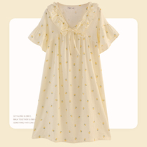 New Sleeping Skirt Woman Summer Short Sleeve Han Edition Pure Cotton Double Layer Gauze Half Sleeve Sweet Girl Full Cotton Crushed Flowers Middle Skirt