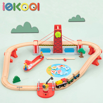 Wooden suspension bridge train track set magnetic wooden car 3-5-7 years old boys and girls building blocks children toy hanging tower