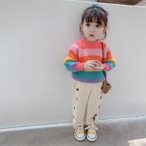  Girls  autumn and winter clothes 2021 new childrens clothing childrens baby baby rainbow sweater childrens western style knitted tops tide