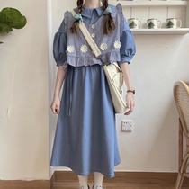 Japanese soft girl summer dress two-piece summer fairy Japanese soft girl cute plaid daisy vest dress two pieces