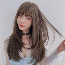 Wig long hair long straight hair inner button air bangs whole hair cover temperament face repair full headgear