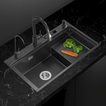 Stepped nano sink single Tank Black 304 stainless steel kitchen wash basin household dishwashing pool with knife holder