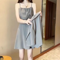 Large-code French Hanging Dress Women Summer New Fat MM Sense Sense Small Suite Two Package Dress