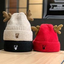 2021 Christmas gift wool hat fall winter cute antlers plus velvet warm knit hat Joker cold hat