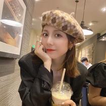Japanese vintage plaid beret female autumn and winter British painter hat Korean version of Joker wool bud hat knitted hat