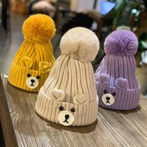 Hat female cute fur ball wool cap winter padded plus velvet warm knit cap net red cartoon bear cold cap