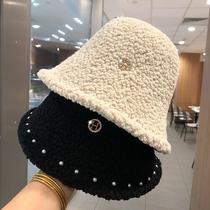 Hat women winter new plush fisherman hat women Korean tide pearl rhinestone Joker bucket hat lamb velvet basin hat