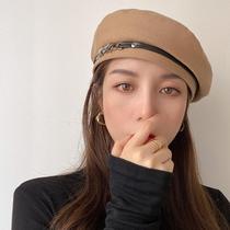 Tide hat beret women's wool bud autumn and winter Korean Japanese painter hat black British retro big head circumference