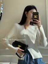 2021 Winter new Joker collar knitted top female Korean slim split long sleeve knitted shirt design sense