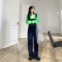  Wen Shan age-reducing girl slim Korean ins style wide-leg bib jeans 2020 new womens Hong Kong style all-match