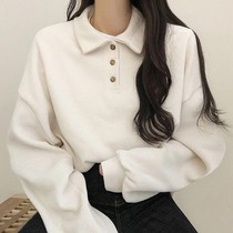 2021 new autumn and winter button POLO collar long sleeve sweater female college style solid color wild wild loose top ins tide