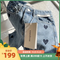 kimhekim love jeans shorts women Summer Peach heart print Korea 2021 new five-point pants