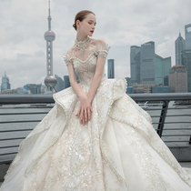 Shoulder French heavy industry light wedding dress 2021 new bride luxury big tailing high end court style Senior main yarn