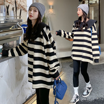 Autumn clothes dolls collar pregnant woman with dress in dress dress for long and fat MM big code striped long sleeve sweatshirt jacket spring and autumn clothes fat MM