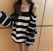 Korean version 2020 new stripe strapless loose slim long sleeve sweater women autumn casual small man pullover on