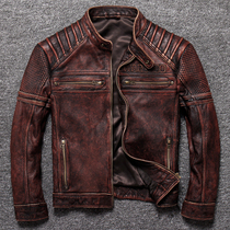 Autumn and winter new leather leather mens vintage motorcycle clothing slim stand collar leather jacket pure first layer cowhide jacket
