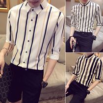 Net red shirt Handsome three-point sleeve striped inch shirt Very fairy top Male social person slim-fit embroidered short-sleeved shirt