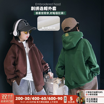 Boys sweater jacket autumn and winter fleece childrens 2022 new autumn clothes middle and big childrens hooded cardigan top boy