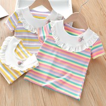  2021 new girls summer T-shirt cute female baby fungus striped short-sleeved top childrens casual t-shirt