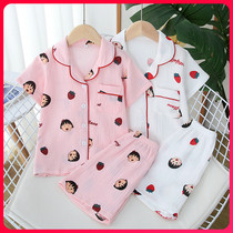 Korean childrens pajamas summer thin style girls short sleeves cotton gauze air conditioning clothes boys loungewear set baby