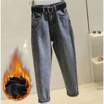 Fat sister plus size autumn and winter New plus velvet padded high waist jeans women loose slim Joker Harlan daddy pants